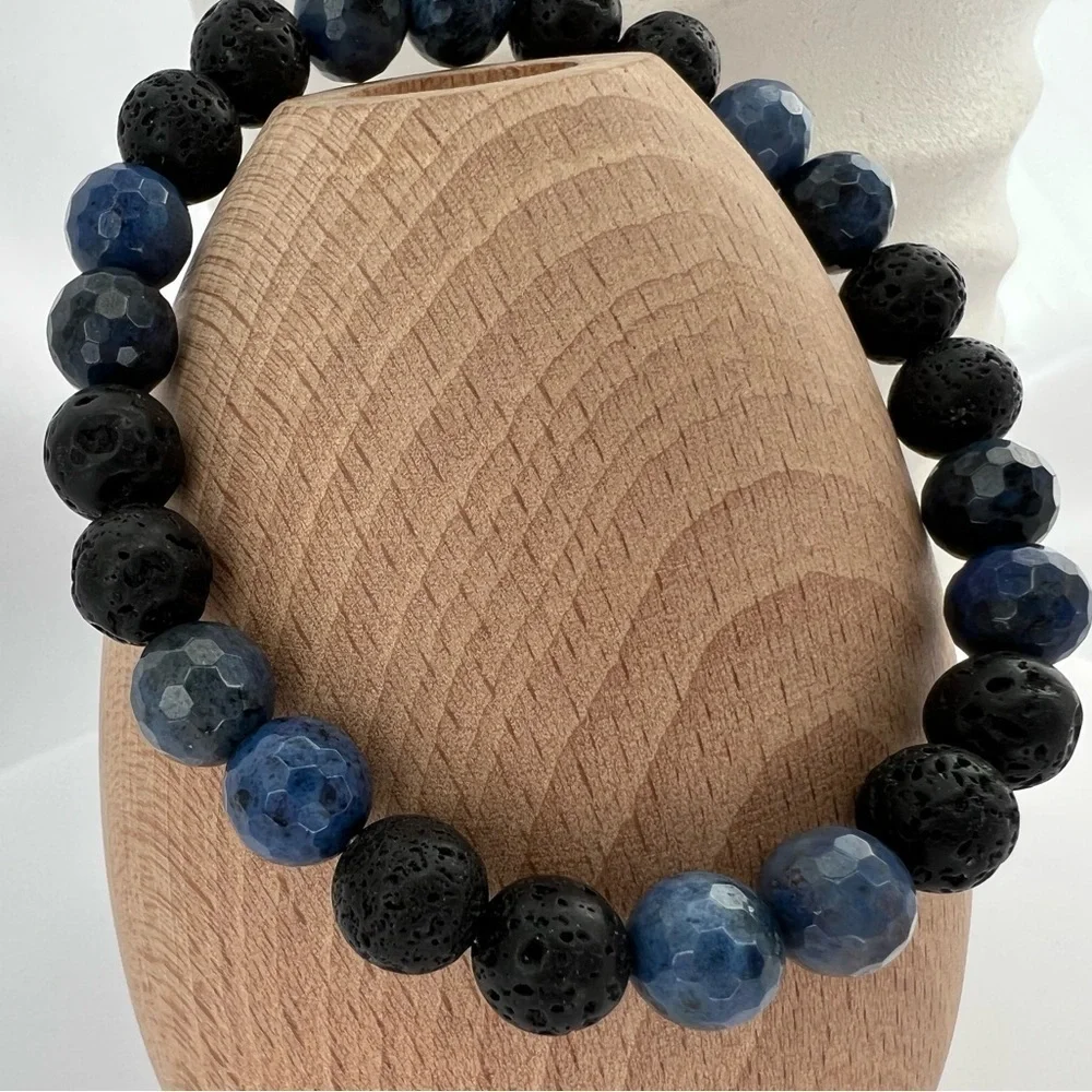 BLUE Dumortierite Quartz and Lava Stone Stretch Beaded Bracelet - Picture 3 of 14